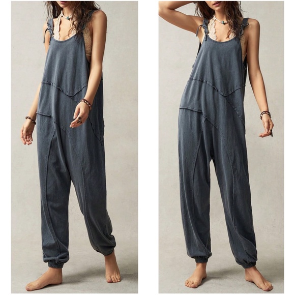 Plus Charcoal Grey Solid Shoulder Tie Jogger Leg Jumpsuit - Picture 2 of 3